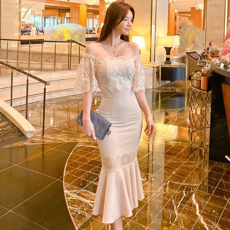 

slash neck elegant lace women dresses stitching mermaid slim sheath bodycon ol office wear vestidos, Black;gray
