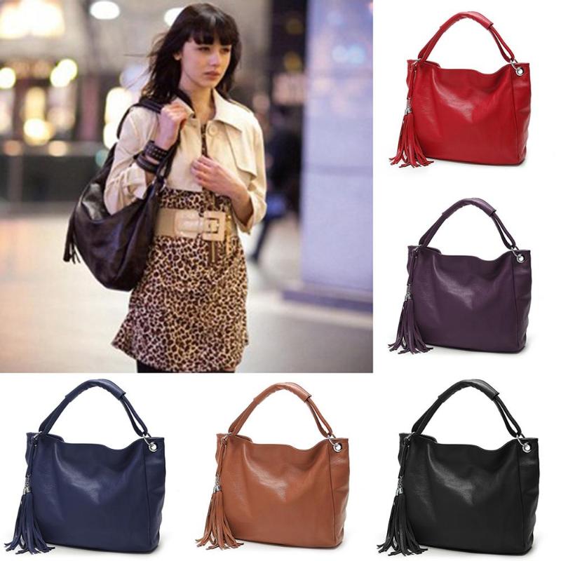 

Women PU Leather Tassel Handbags Red Solid Messenger Bag High Quality Shoulder Crossbody Bags Punk Totes