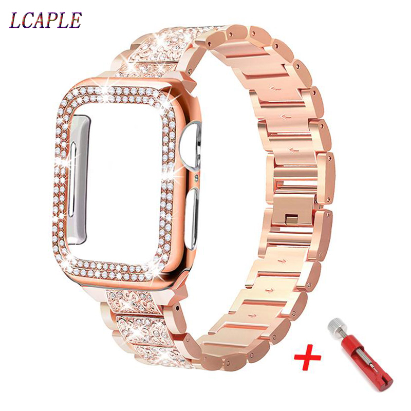 

Diamond Case+strap For apple watch band 45mm 41mm 44mm 40mm 42mm 38mm Stainless Steel bracelet correa cover 5 4 3 SE 6 7 220214
