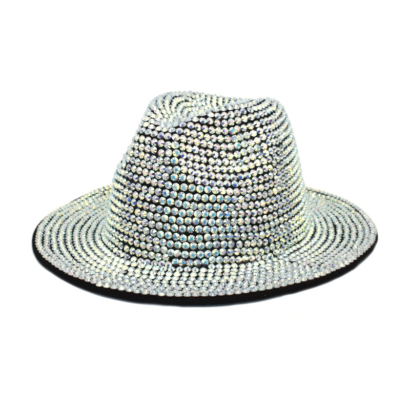 

Rhinestone Fedora Hats For Women Men Flat wide Brim Wool Felt Jazz Hats Handmade Bling Studded Party Hat, Blue;gray