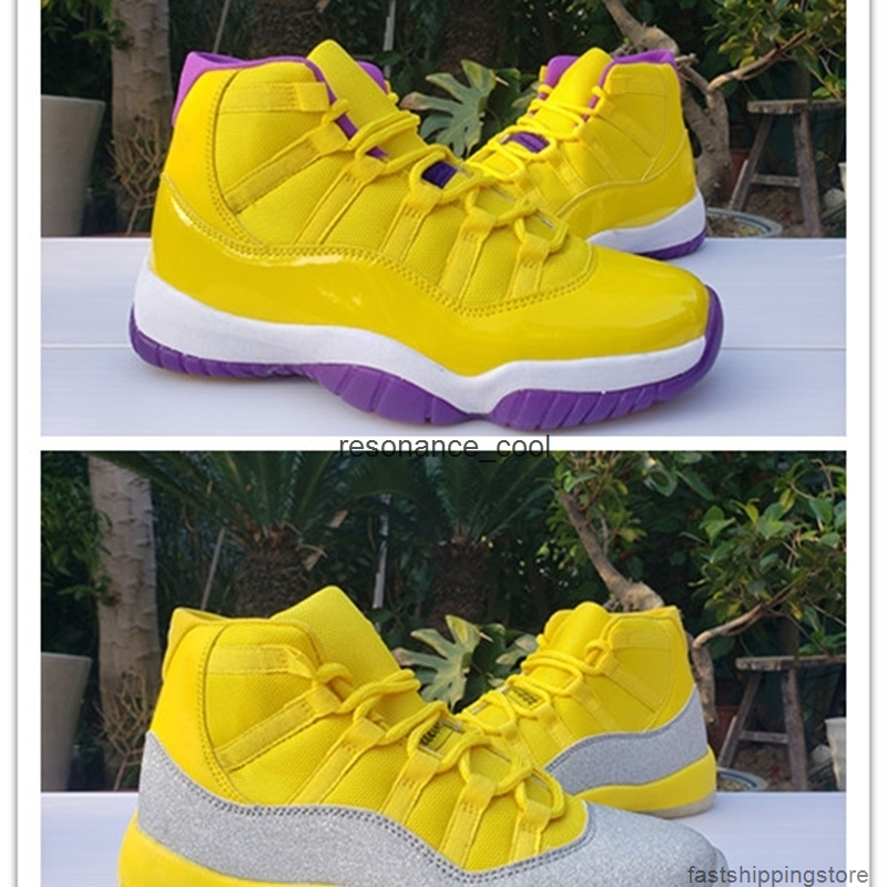 

New WMNS 11 Metallic Silver Yellow Men Basketball Shoes Good Quality 11s Jumpman Lakers Purple White Mens Sports Trainer Sneaker