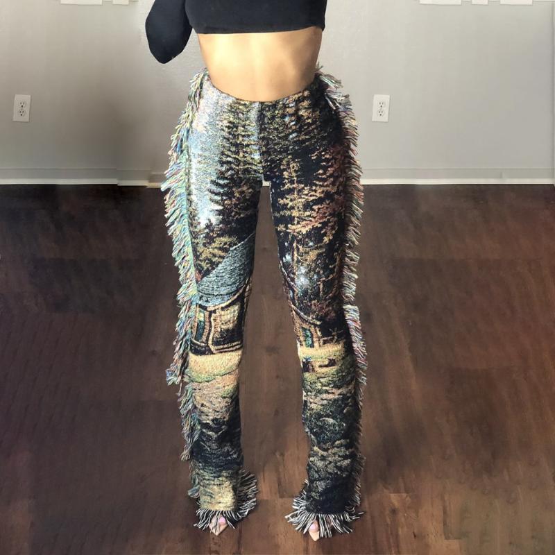 

Women's Pants & Capris Casaul Women Streetwear Print Tassel Cargo Colorful High Sporty Long For Winter Outfit, Black;white