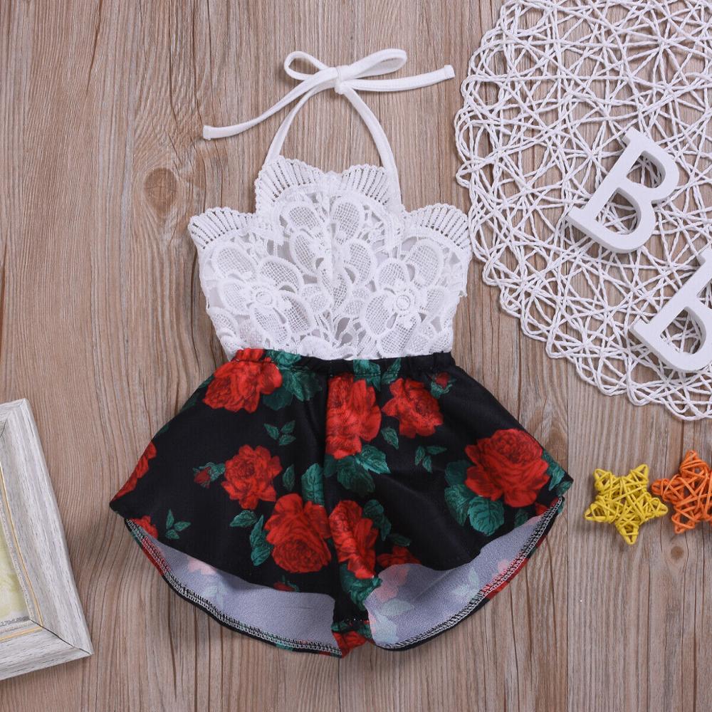 

Summer 0-3Y Infant Baby Girl Romper Sleeveless Belt Lace Flowers Print Jumpsuit Sunsuit Outfits Clothes, Black