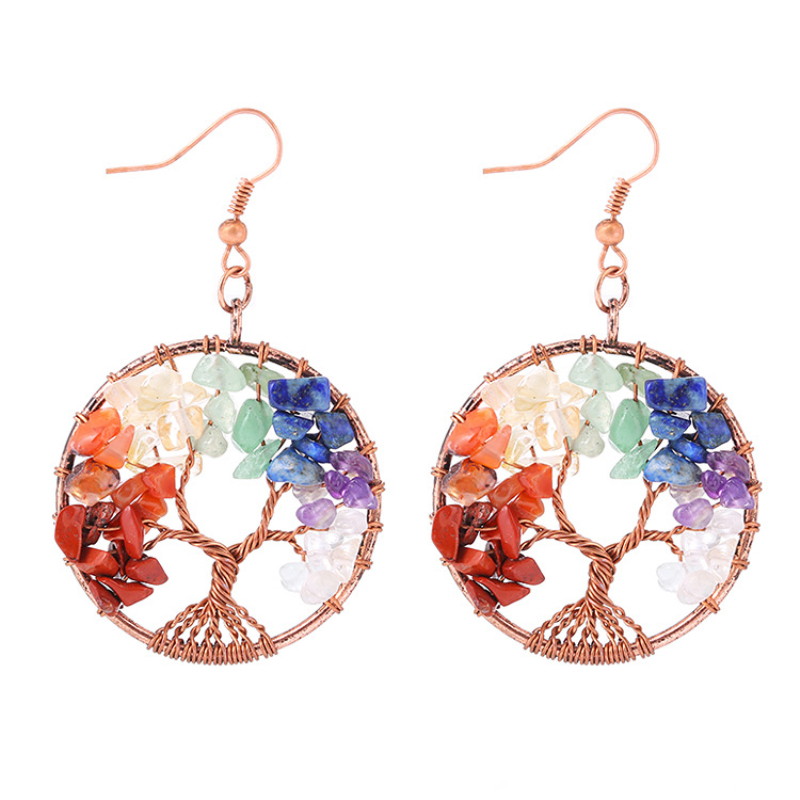 

Classic Design Natural Coulrful Amethyst Agate Gravel Life Tree Charm Copper Wire Earring