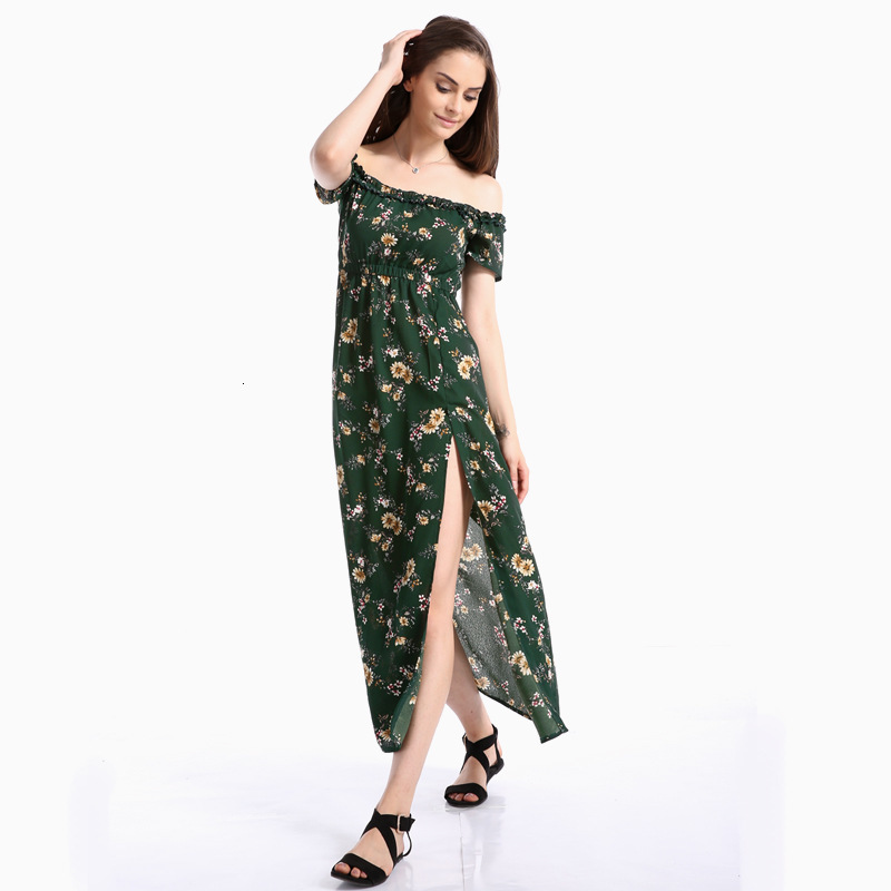 

2021 New Fashion Sexy Off Shoulder Floral Print Long Female Sun Elegant High Split Party Es Boho Strapless Vestidos P72d, Green