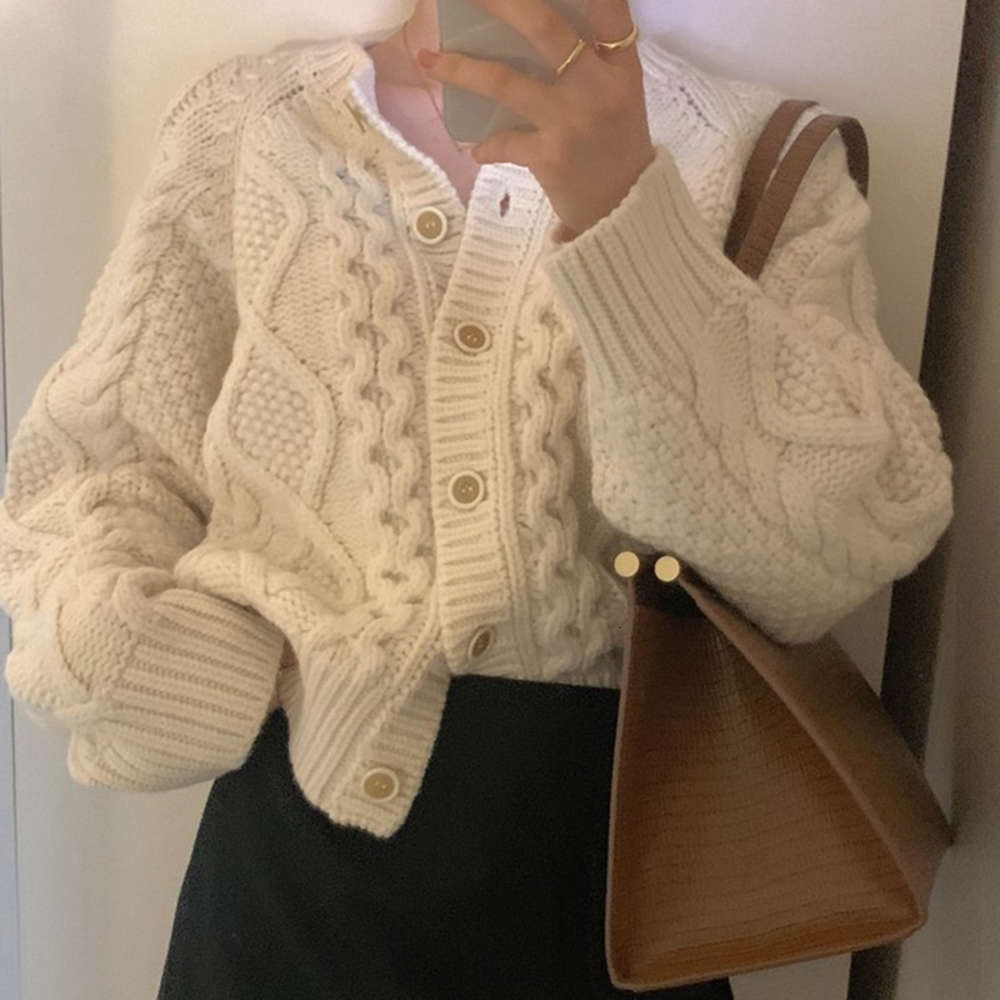 

sweatersKorean chic autumn and winter versatile round neck single breasted loose heavy industry twist long sleeve knitted cardigan, Ivory