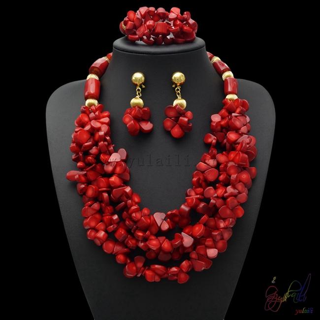 Boucles d'oreilles collier Yulaili Vintage mode corail rouge Bracelet pour femmes ensembles de bijoux à la main chaîne ensemble de bijoux de mari
