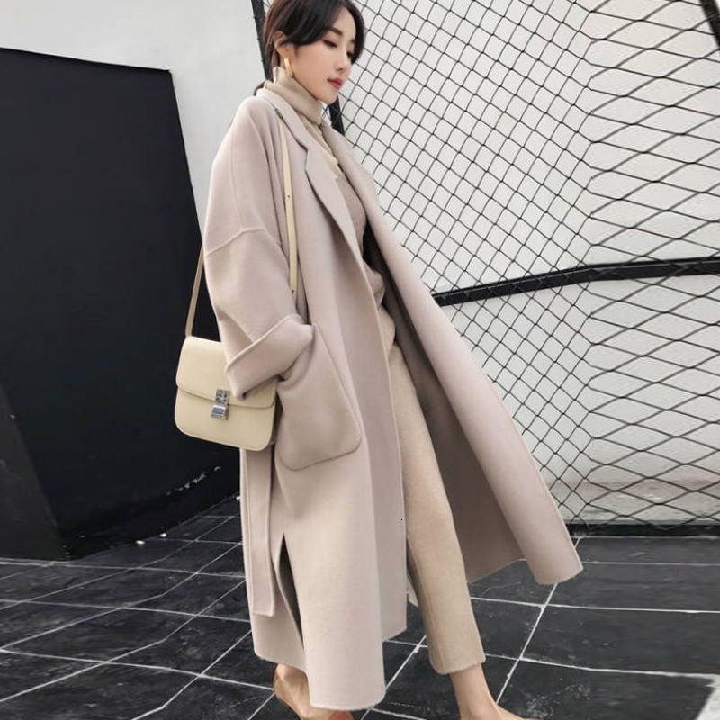 

women's jackets elegant female long wool jacket with a solid-colored belt sleeves chic outerwear ladies winter coat beige korean versio, Black;brown