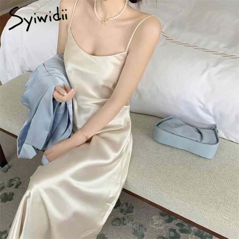 

Satin Dresses For Women A-Line Sexy Acetate Summer Fashion Vintage Clothing Beige Spaghetti Strap Korean French 210607