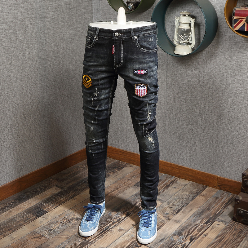 

2021 New American Streetwear Fashion Retro Black Blue Slim Fit Ripped Men Patches Designer Punk Pants Hip Hop Jeans Homme 04kj