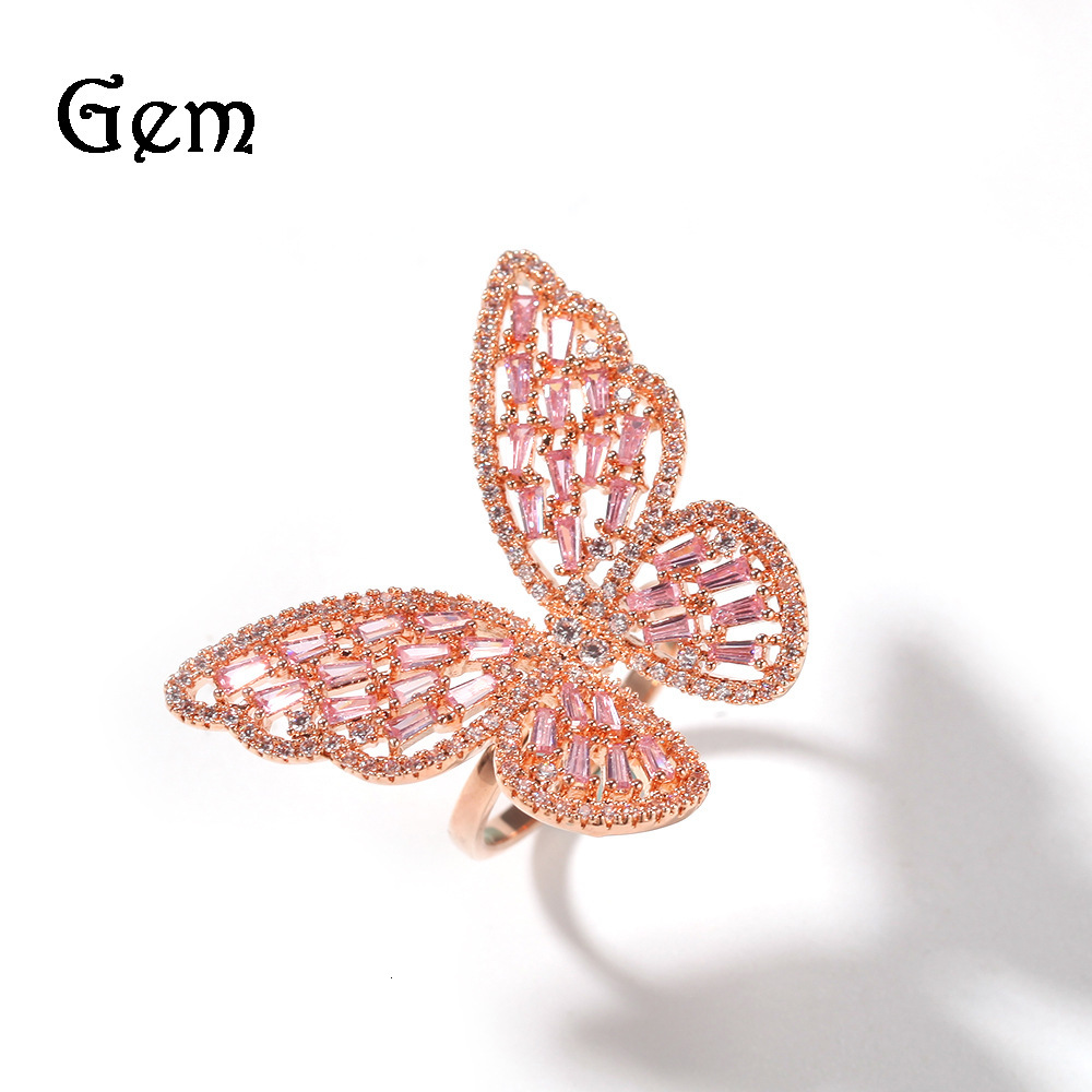 Ring Hollow Out Micro Inlaid Zircon Rose Gold Butterfly Women's Fashion Exaggeration Color Retention Electroplating Adjustable Finger-image-728574600
