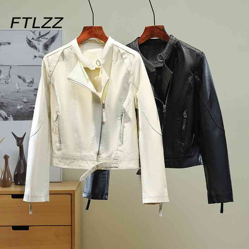 

Women Casual Faux Leather Jacket Fashion Long Sleeve Spring Autumn Short Coats Ladies Slim Black White PU Outwear 210602
