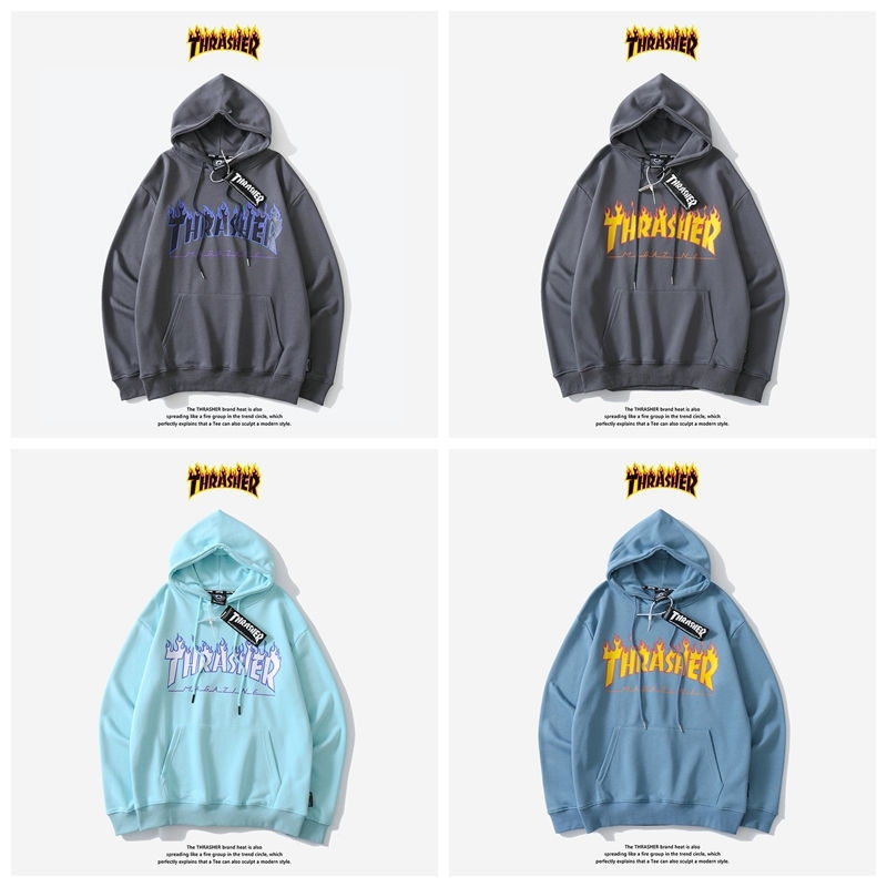 

2021Flame sweater Sweatshirts women's thrasher classic print thin Hooded men's loose couple's coat top, Black