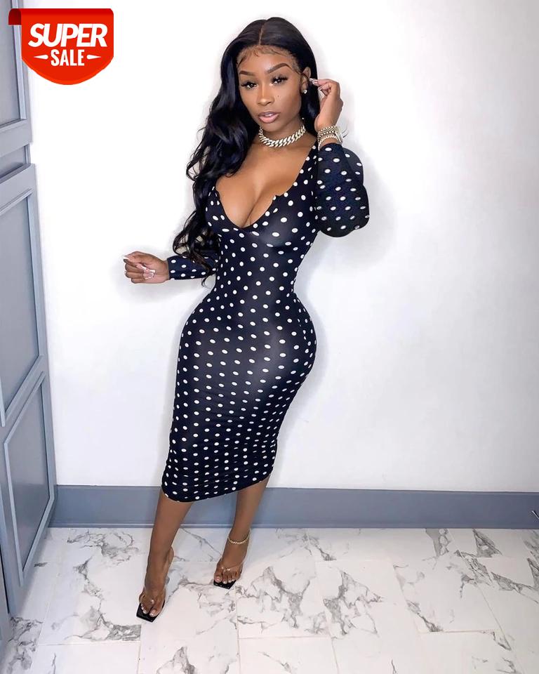 

hirigin fall spring 2020 fashion new women high street dresses long sleeve deep v dresses polka dot printed mid long #Jc8W, Black;gray