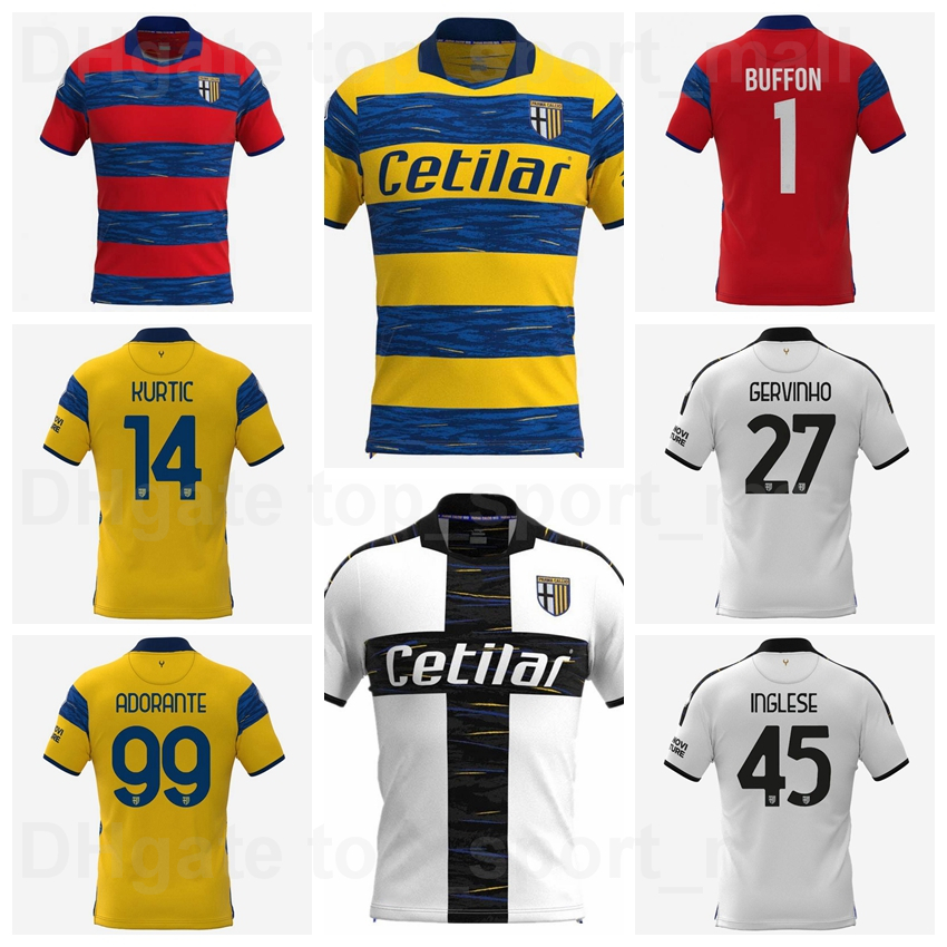 

2021 2022 Parma Soccer Jersey 1 BUFFON 45 INGLESE 21 SCHIATTARELLA 9 TUTINO 8 BRUNETTA 17 BENEDYCZAK 28 MIHAILA 2 IACOPONI 27 GERVINHO Football Shirt Kits Uniform, With patch
