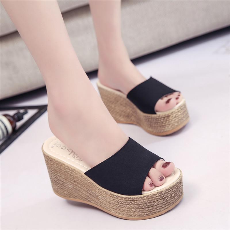 

High-Heeled Shoes Lady Womens Slippers Outdoor Pantofle Flock Platform Slides Fashion On A Wedge 2021 Soft Luxury Summer Rome PU