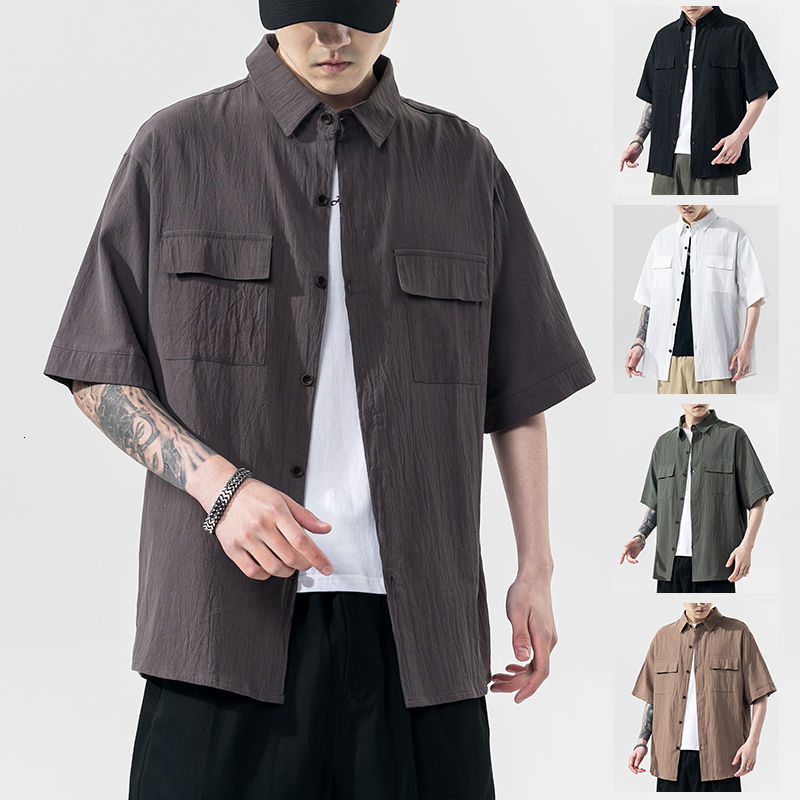 

2021 New Summer Men's Loose Linen Cotton Short Sleeve Hawaiian Shirt French Cuff Fashion Shirts Streetwear Camisa Masculina M-5xl Egvb, Khaki