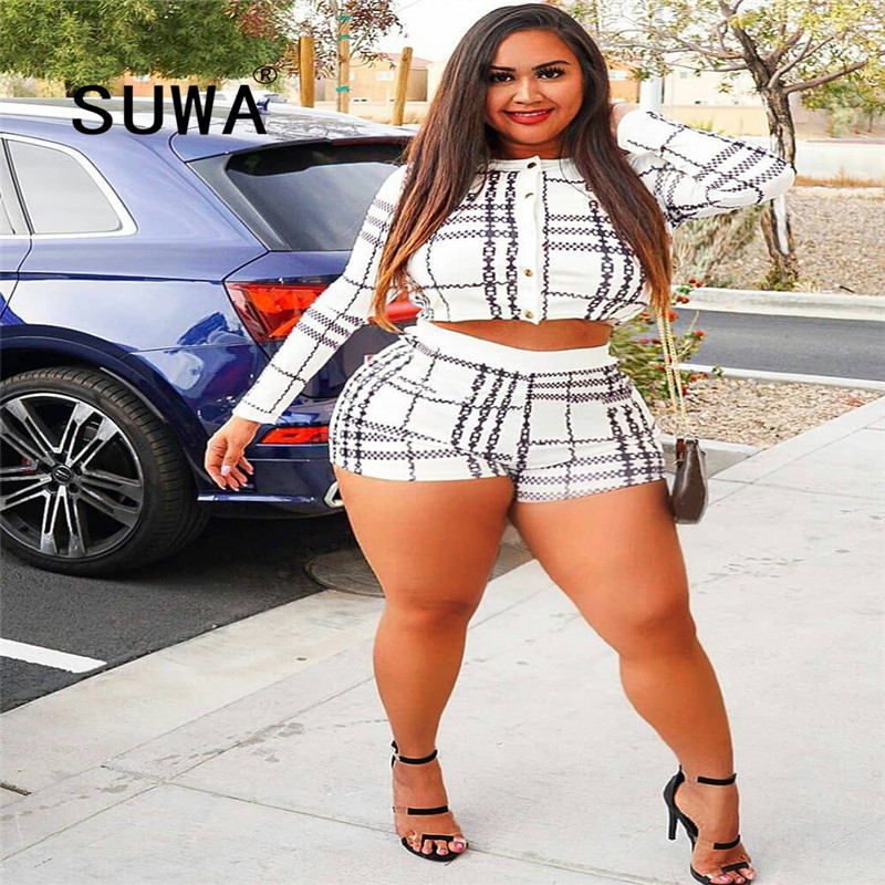 

Black White Plaid Patchwork French Two Piece Set Women Long Sleeve Tunic Top + Pants Shorts Classic Fashion Spring Clothes 210525