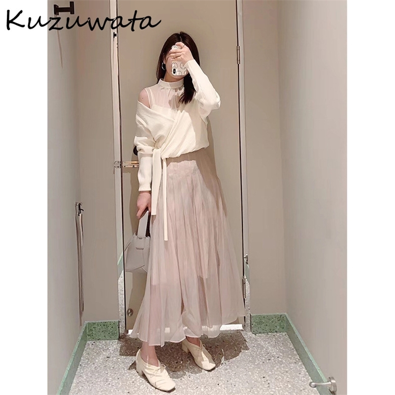 

Kuzuwata Sweet Candy Color Aesthetic Pleated Skirts Spring Summer Solid Women Skirt High Waist Simple Fashion Jupe 210708, Beige