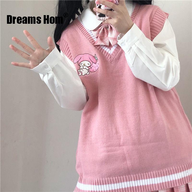 

Women' Sweaters Japanese Kawaii Oversized Sleeveless Vest Knitted Sweater Embroidery Jumper Women Autumn Sweet Egirl Jk Waistcoats Femme, Black