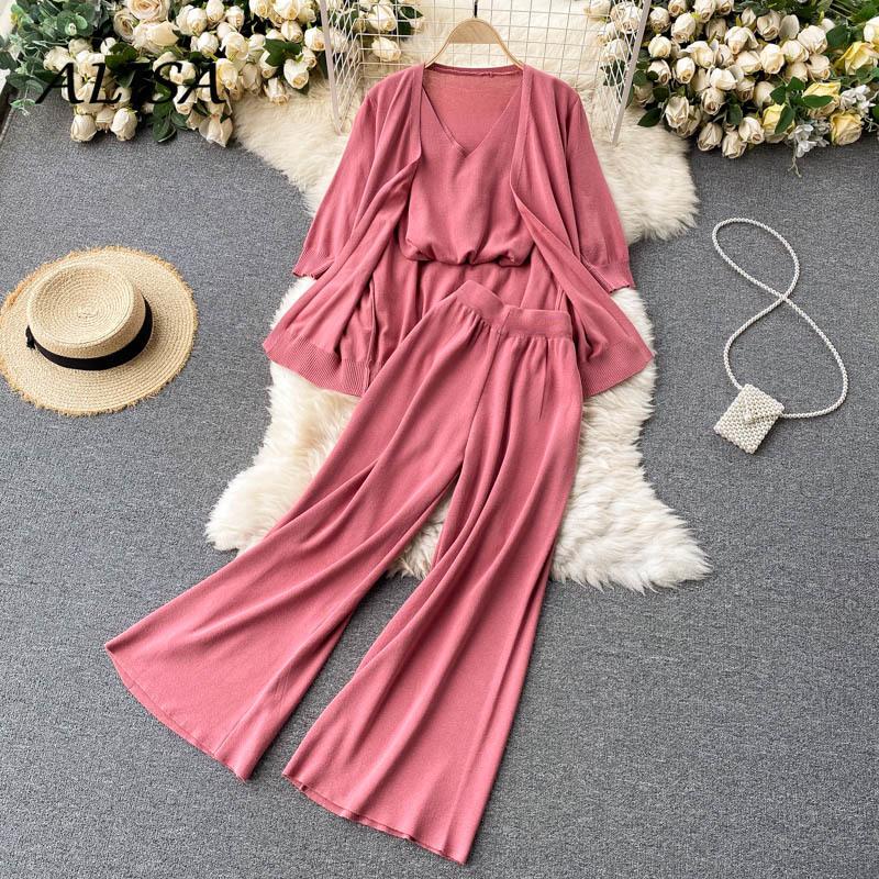 

Women's Two Piece Pants Women Elegant Knitted Three Sets Spring Fall Long Sleeve Cardigan V-neck Sleeveless Vest High Waist Wide Leg Outfits, Black