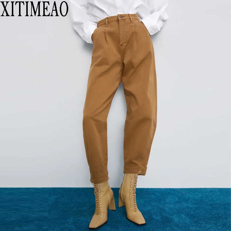 

ZA Women Vintage Solid High Waist Loose Ankle-Length Jeans Casual Denim Pants Baggy Ninth 210604, Brown