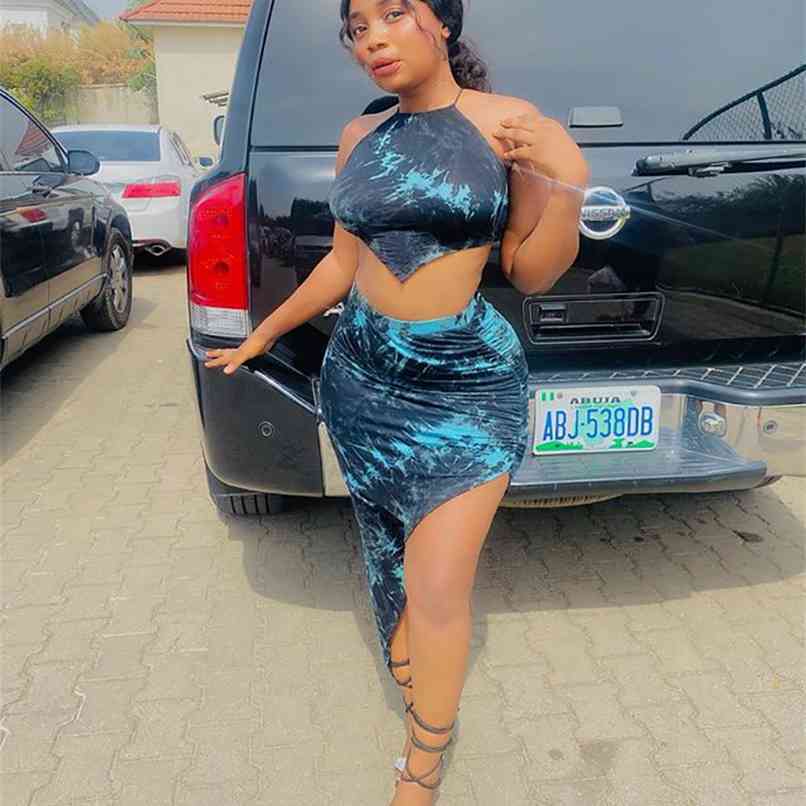 

Sexy Party 2 Piece Set Women Plus Size Crop Top Twist Side Split Long Skirts Matching Sets Club Two Outfits 210525, Multi