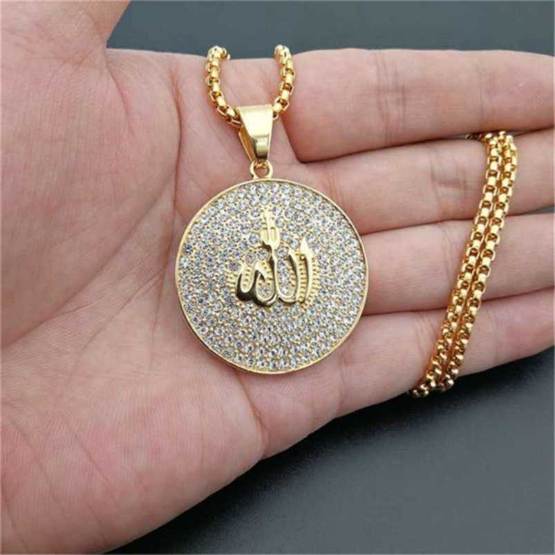 

Hip Hop Iced Out Round Pendant Necklace Stainless Steel Islam Muslim Arabic Gold Color Prayer Jewelry Drop 210929