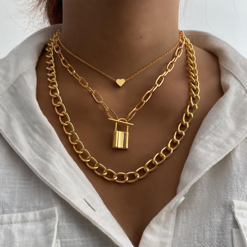 

Pendant Necklaces ZOVOLI Punk Lover Lock Link Chain Multi Layered Necklace Pendants Set For Women Choker Vintage Steampunk Padlock Heart Jew, Silver