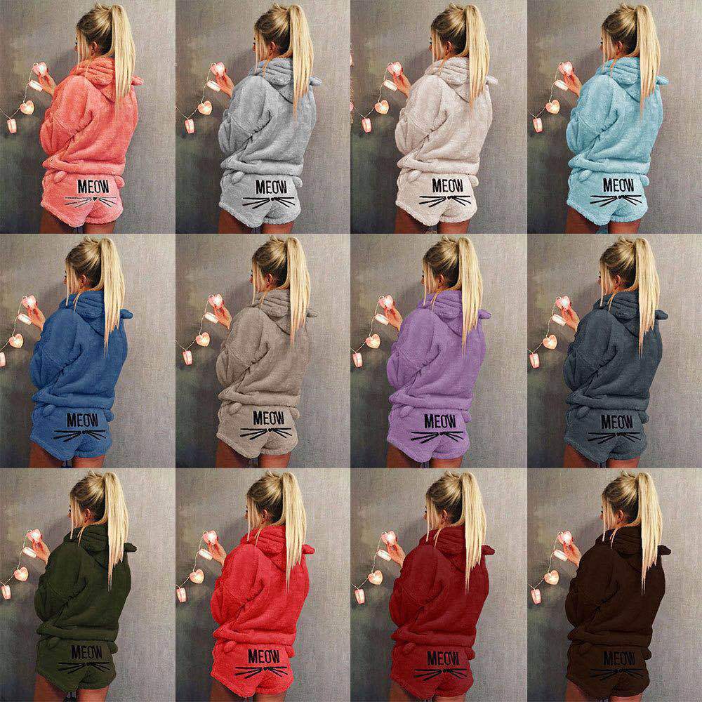 

2021 New Feminino Coral Veludo Duas Peas Conjunto Terno Outono Inverno Roupas Quente Pijamas Bonito Gato Miau Padro Hoodies Shorts Zhln, Black
