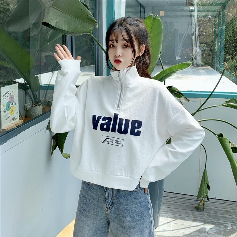 

women's hoodies & sweatshirts autumn new women loose half-high collar short zipper female all-match fashion high street wm* fnyl, Black