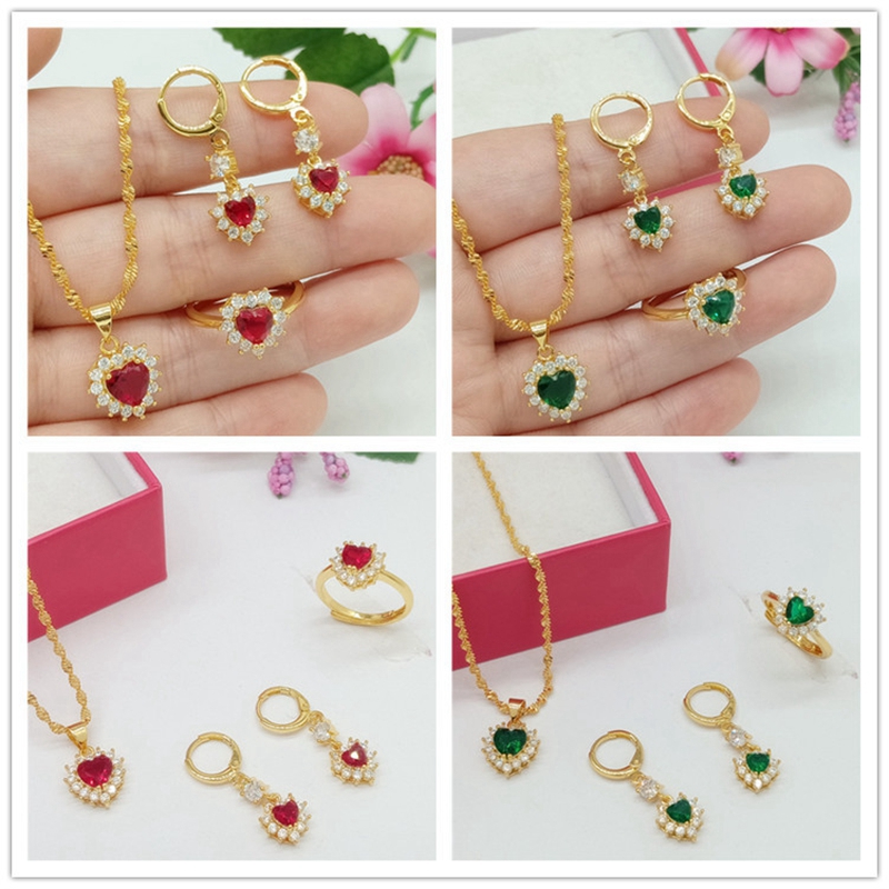 Halo Heart Jewelry Set 18k Yellow Gold Filled Elegant Women Pendant Earrings Ring Beautiful Gift-image-663070389
