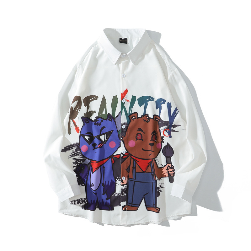 

2021 Men's Long Sleeve White Autumn Korean Style Cartoon Bear Print Shirt Fashion Oversized Men Casual Couple Shirts 6b7w