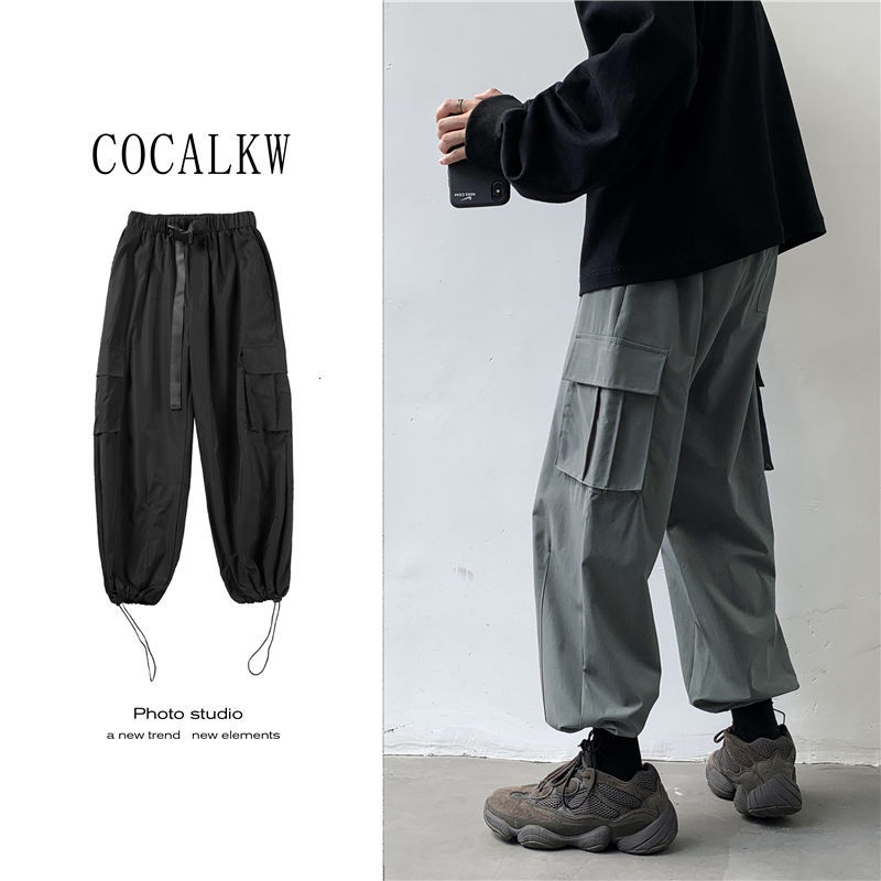 

2021 New Spring Summer Cargo Men' Fashion Pocket Casual Men Streetwear Korean Loose Hip-hop Straight Wide Leg Pants Mens Tfdk, Black