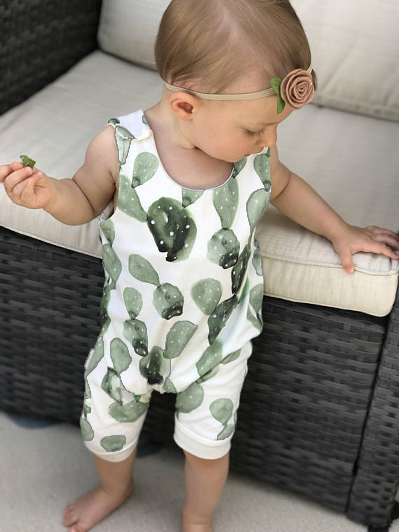 

0-24M Summer Baby Clothes Infant Cactus Sleeveless Romper Boys Jumpsuit Girls Print Casual Clothing, Green