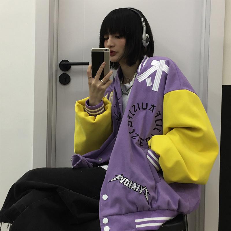 

Women's Jackets Women Embroidered Baseball Jacket Round Neck Single-breasted Color Matching Jackts Streetwear Casual Couples Uniform, Black;brown