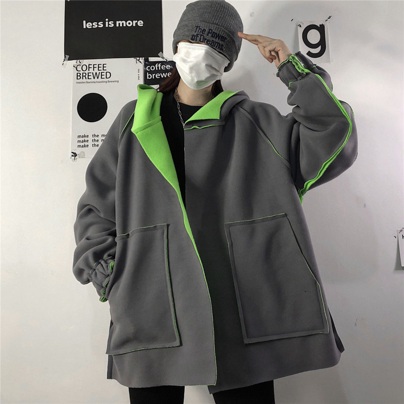 

2021 New Plus Fleece Hoodies Fashion Retro Contrast Color Hooded Sweatshirt Men Streetwear Hip-hop Cardigan Hoodie Mens D6wr, Black