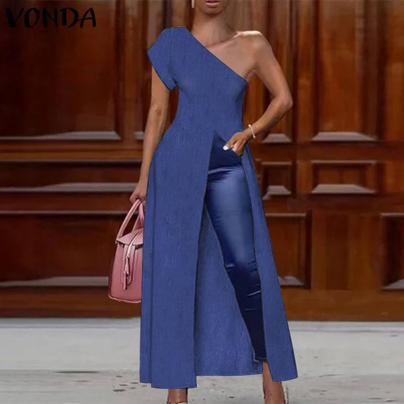 

Women' Blouses & Shirts Asymmetrical Tops Blouse Summer 2021 VONDA Sexy Split Hem Short Sleeve Bohemian Blusas Oversized Denim, Blue
