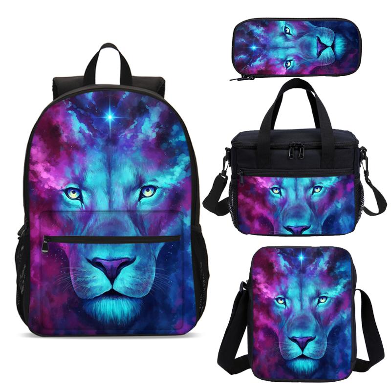 

School Bags Lion Pattern 3D Print Backpack Set 4 PCS Lunch Bag Messenger Pencil Primary Cartoon Custom