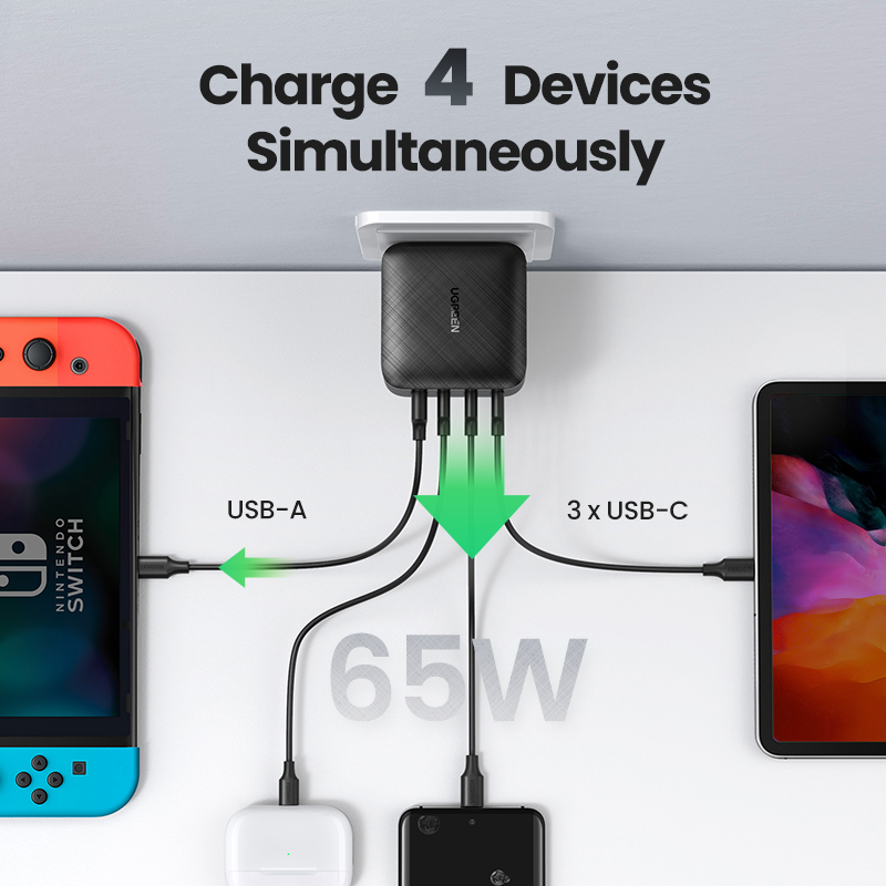 

Ugreen 65W GaN Charger 4 Port Quick Charge 4.0 3.0 Type C PD USB Charger QC 4.0 3.0 Wall Fast Charger for iPhone Xiaomi Laptop