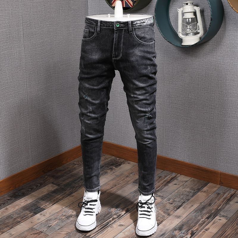 

2021 New Newly Designer Fashion Men Jeans High Quality Black Elastic Slim Fit Ripped Denim Pencil Pants Korean Style Vintage Trousers Hlto