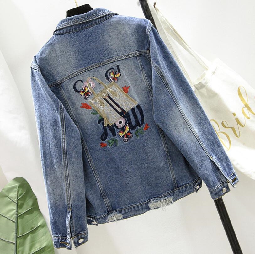

2021 Spring autumn Hole Letter flower embroidery Denim jacekt Coat Women fashion Brand long sleeve Jeans jackets Outerwear W55, Black;brown