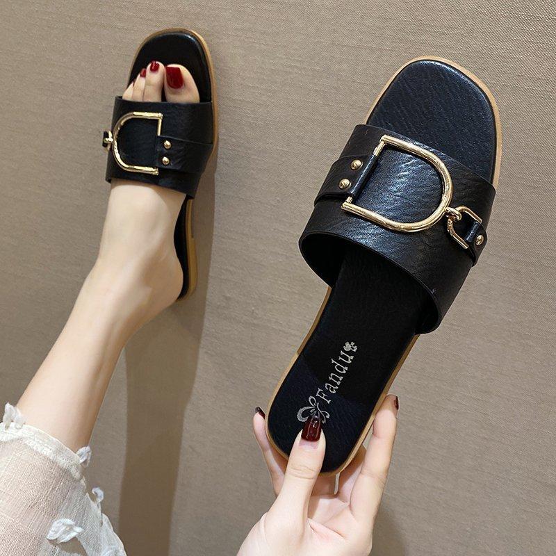 

Slippers 2021 Summer Style Metal Buckle Decoration Ladies Large Size 41-43, Black