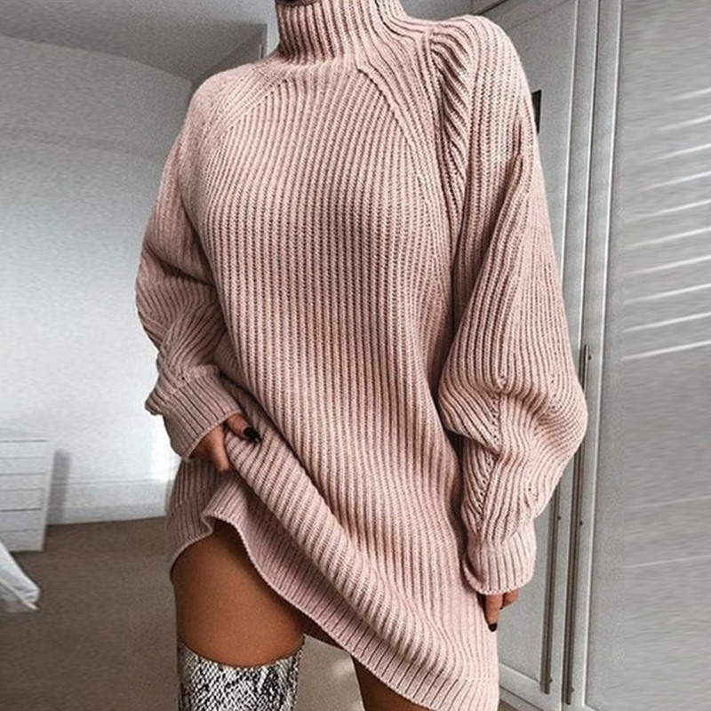 

Autumn and winter knit sweater dress mid-length long-sleeved raglan sleeves half high collar, Black