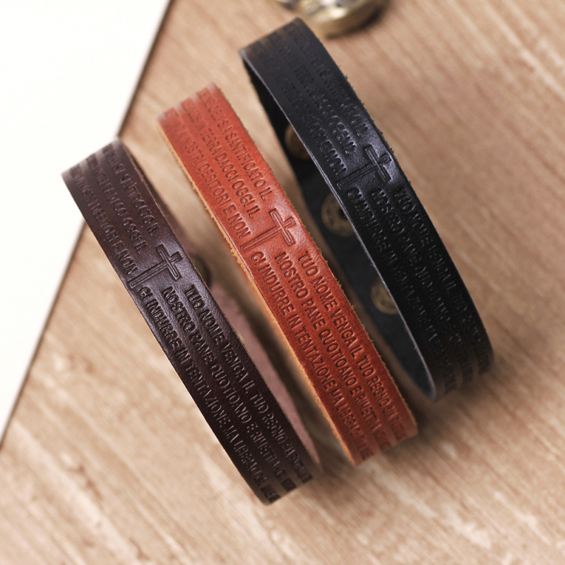 

22CM Long 1.3CM Width Black and Brown Leather Link Bible Bracelet Adjustable Size