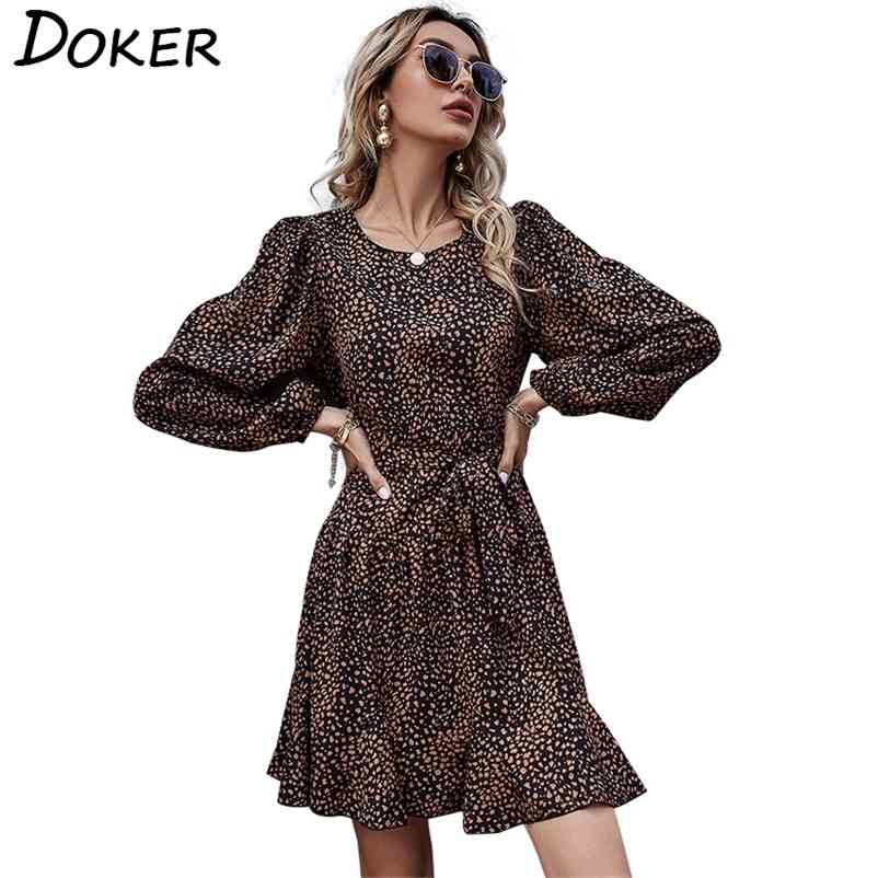 

Leopard Print Chiffon Dres Casual Fashion O Neck Lantern Long Sleeve Plus Size Female Sashes Party Mini es 210604, Brown