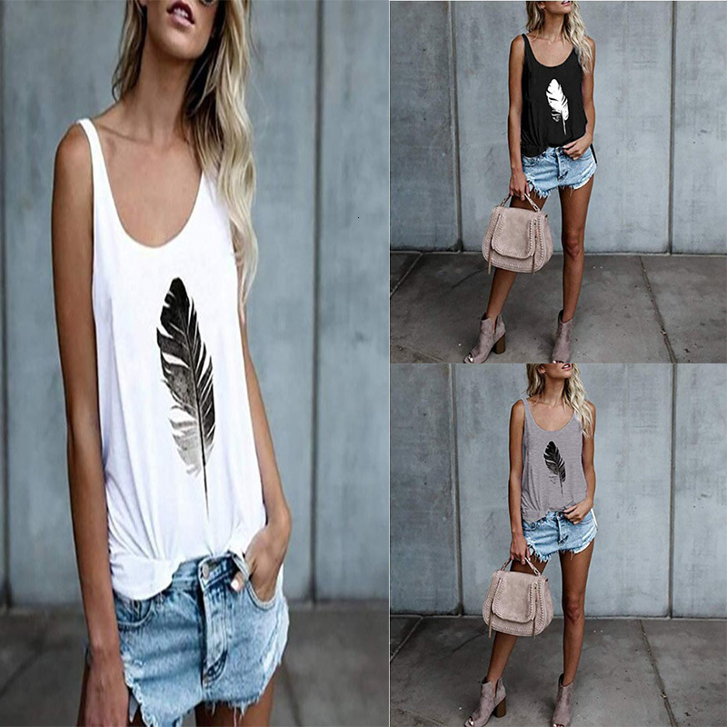 

2021 New Mulher Solta Vero Moda Sem Mangas Pena Impresso Camis Topos Casual O-neck Colete Superior Plus Size 3xl Regata Sqdh, White