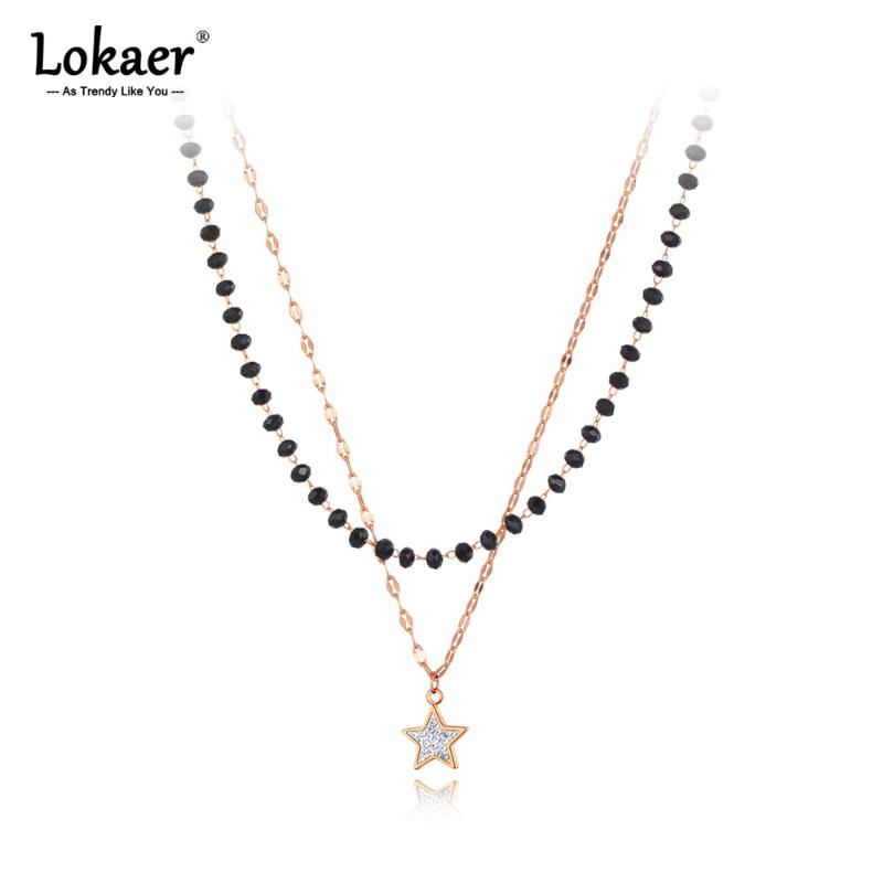 

Chains Lokaer Titanium Stainless Steel Black Crystal Star Charm Pendant Necklaces Bohemia Double Layer Chain Necklace For Women N21136, Silver