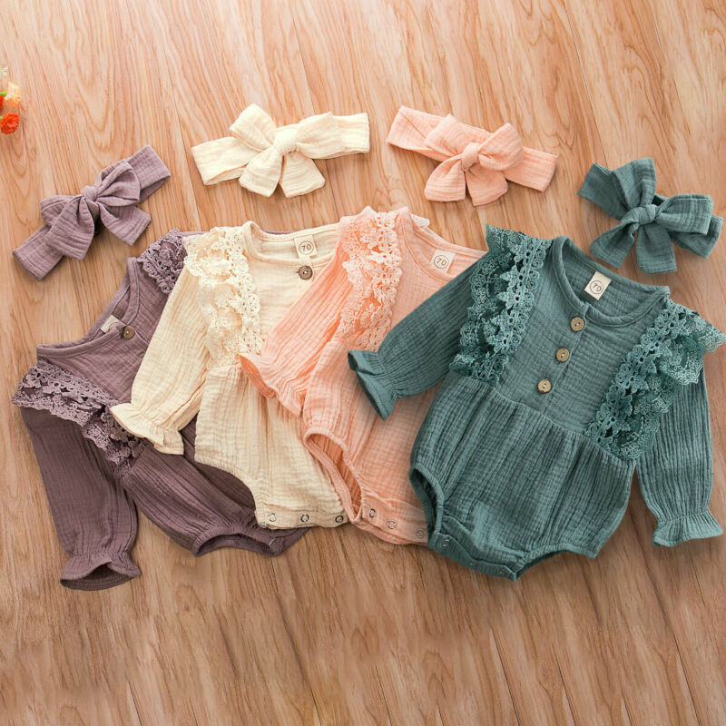 

0-24M Baby Girl Clothes Bodysuit Kids Romper Girls Lace Solid Long Sleeve Jumpsuit Infant Playsuit Headband Newborn Outfits 2Pcs, Beige