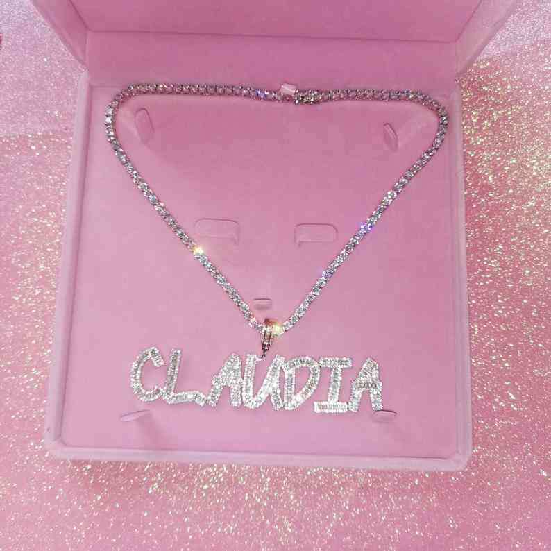 

Custom Name Necklace Pendant With Tennis Chain Icy Baguette letters Custom Jewelry